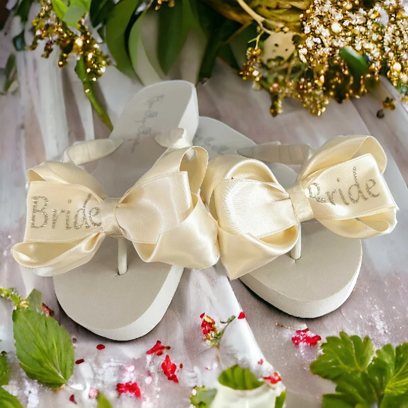 White & Champagne Bride Bow Flip Flops on 2 Inch Heel - Customize Your Colors & Height