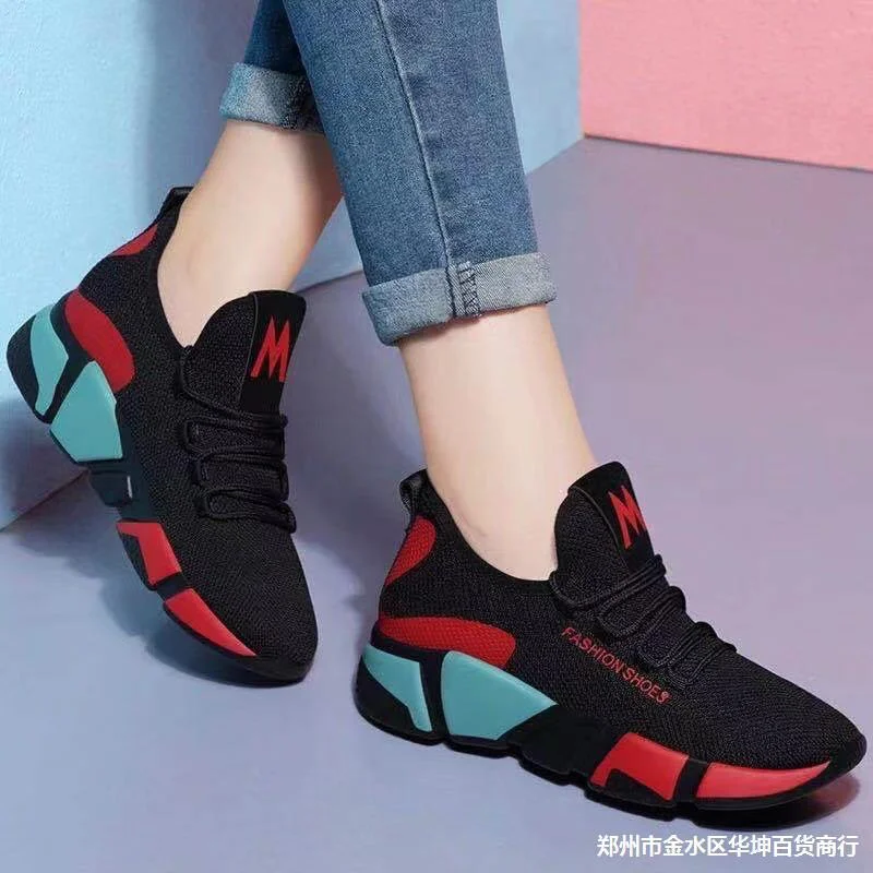 Women's Black & Red Patched Lace Closure Sneakers Mesh Breathable Shoes Soft Bottom Korean Shoes Non-slip Shoes Running Casual Sports Women's Shoes