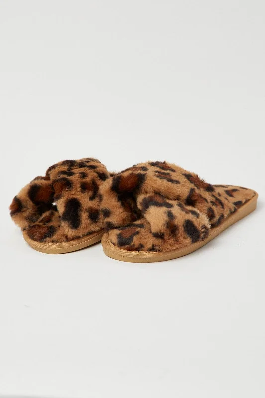 Brown Animal Print Faux Fur Slippers