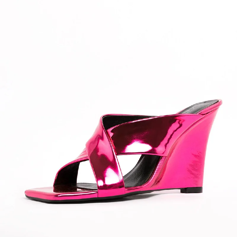 Sassy Cross Strap Patent Leather Square Toe Wedge Mules - Fuchsia