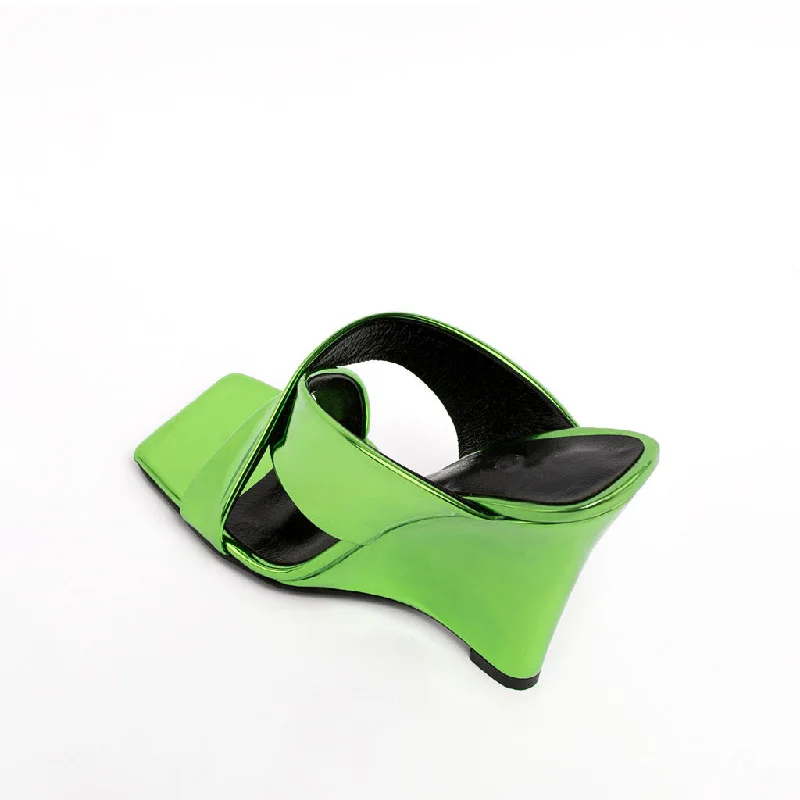 Sassy Cross Strap Patent Leather Square Toe Wedge Mules - Green