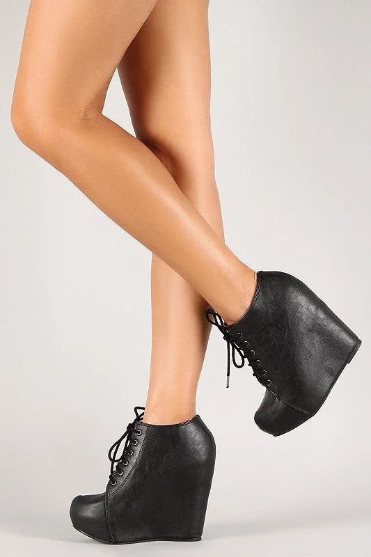 Leatherette Lace Up Platform Wedge