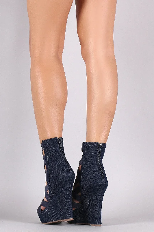 Liliana Denim Elastic Woven Strap Platform Wedge