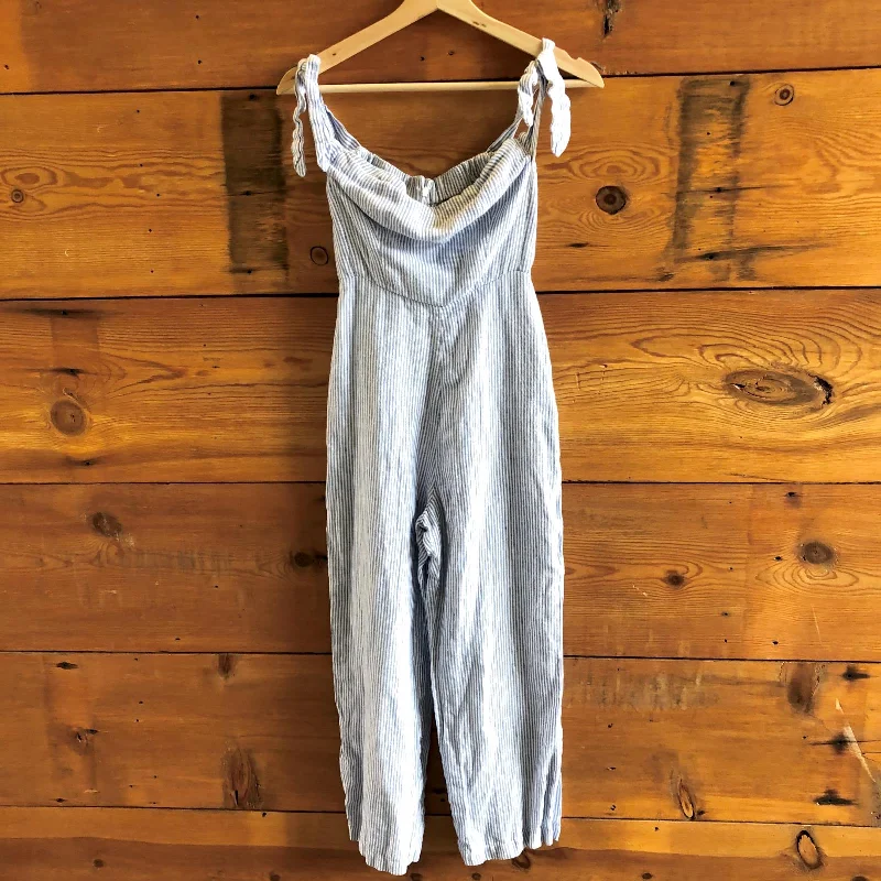 0 / XS - Reformation Blue & White Stripe 100% Linen Shoulder Tie Jumpsuit 0817SW