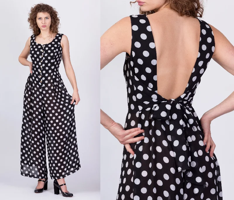 70s 80s Sheer Black & White Polka Dot Jumpsuit - Medium