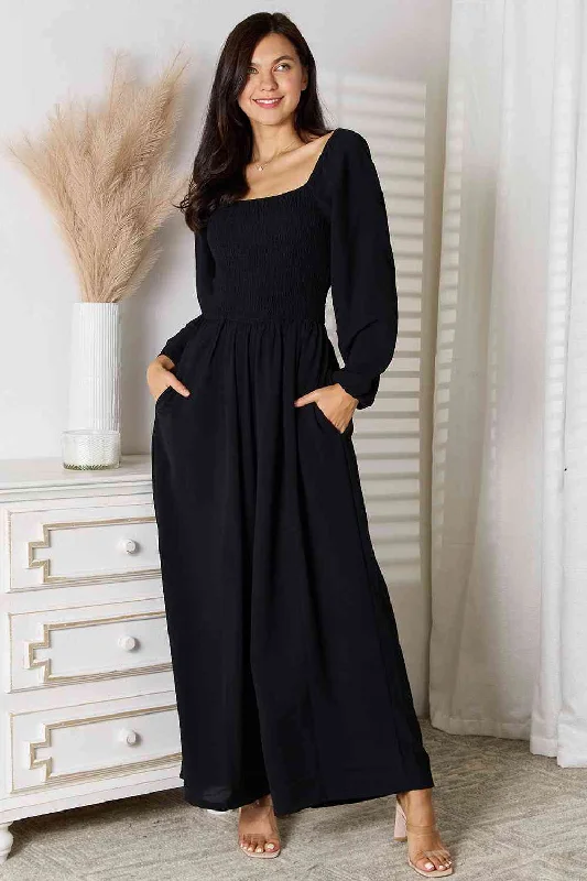 Black Square Neck Jumpsuit with Pockets