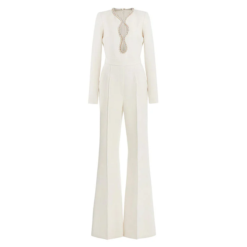 Elegant Crystal Embellished Cutout High Waist Long Sleeve Flared Jumpsuit