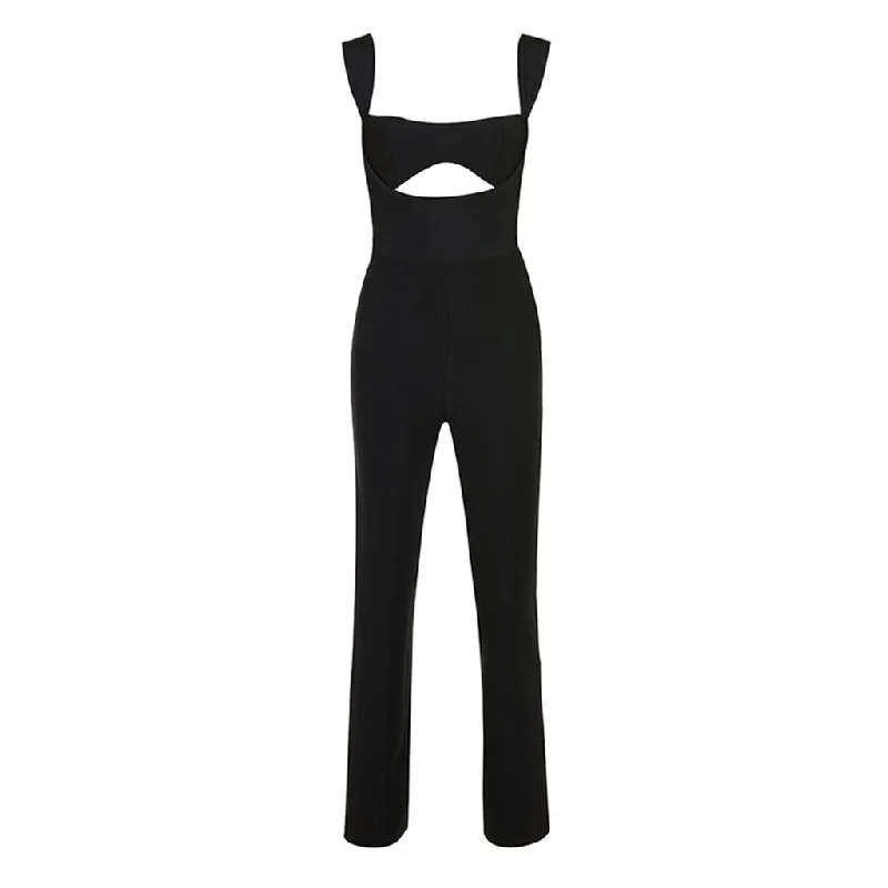 Sexy Cutout Square Neck Suspender Strap Straight Leg Bandage Jumpsuit