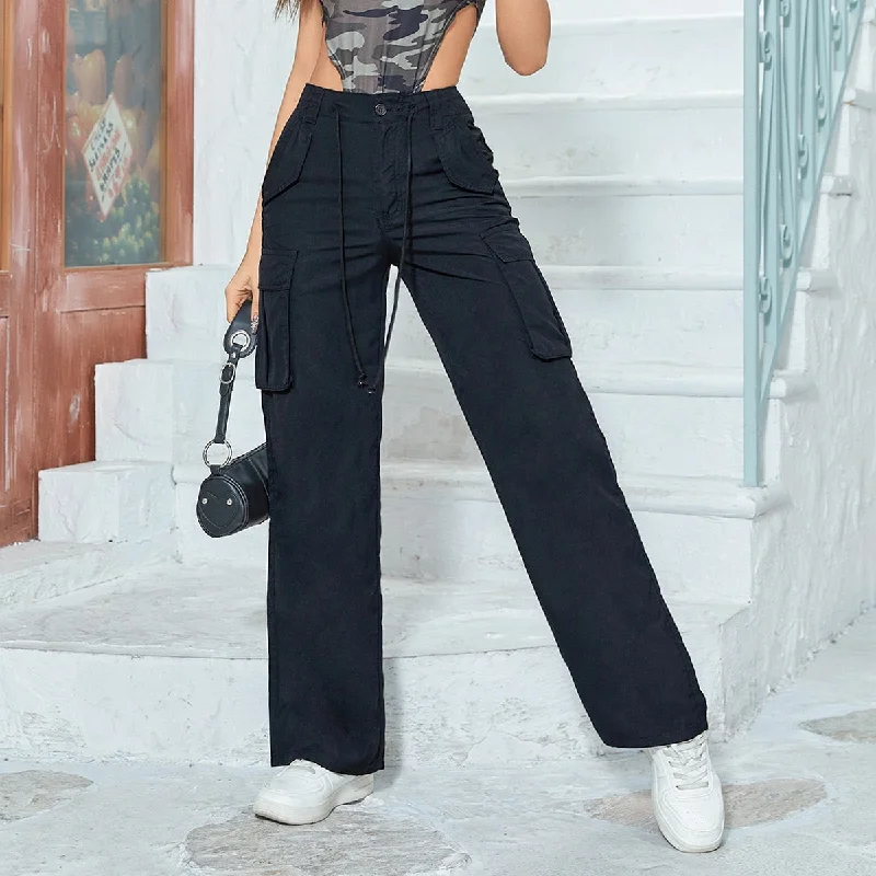 Amy Fashion - Multiple Pockets Straight Wide Leg Trousers