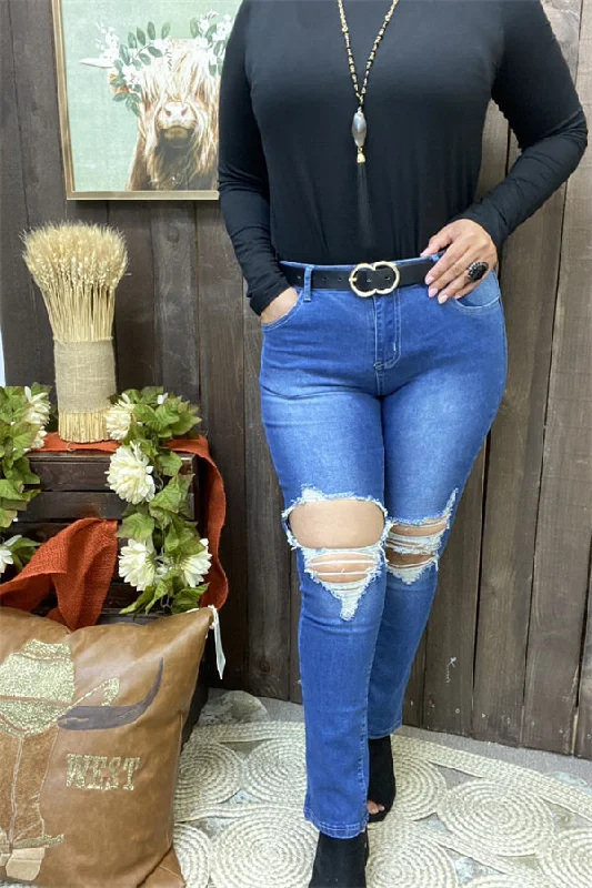 S004 Big hole on the knee blue fashion style women tighten jean pants