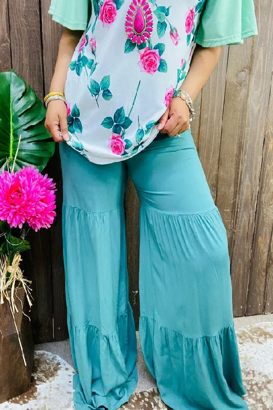 solid turquoise color ruffle straight long women pants YMY14804 IS9