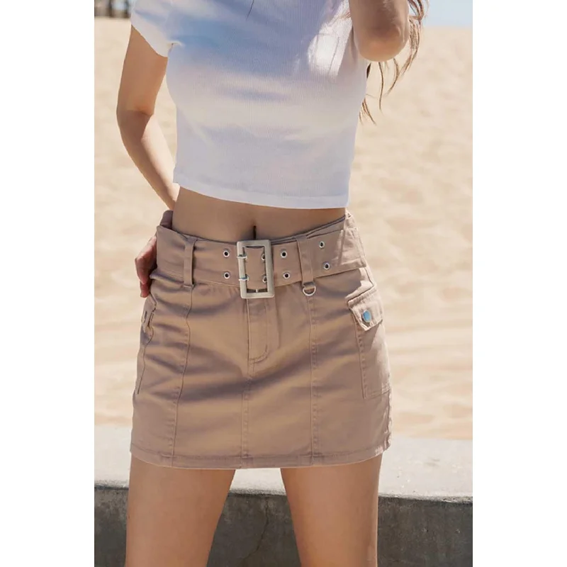 Micro Mini Skirt with Metal Belt - Khaki