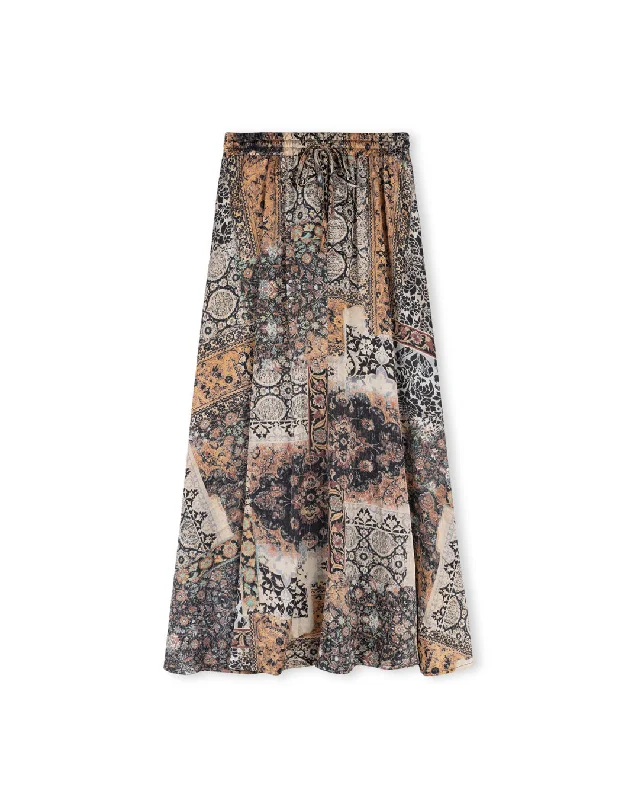 Mixed Print Maxi Skirt With Drawstring Waist