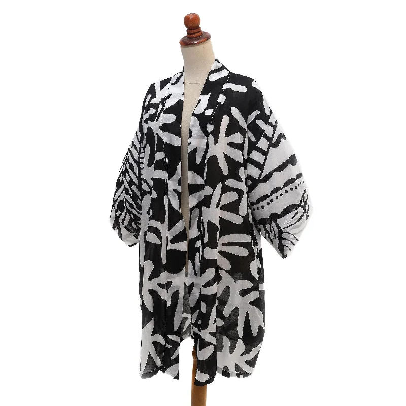 Novica Handmade Coral Sea In Black Hand-Painted Kimono Jacket