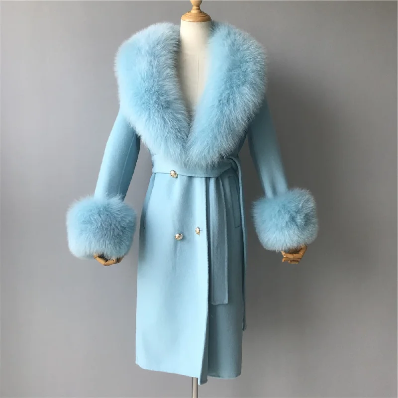 Women's Sky Blue Winter Cashmere Wool Natural Fox Fur Collar Long Jacket