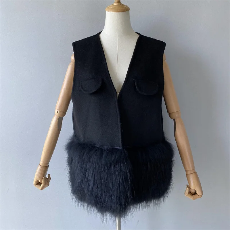 Women's Winter Cashmere Real Fur Decoration Vest and Jacket Two-Piece Set