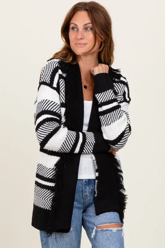 Black Mixed Stripe Fringe Shawl Collar Cardigan