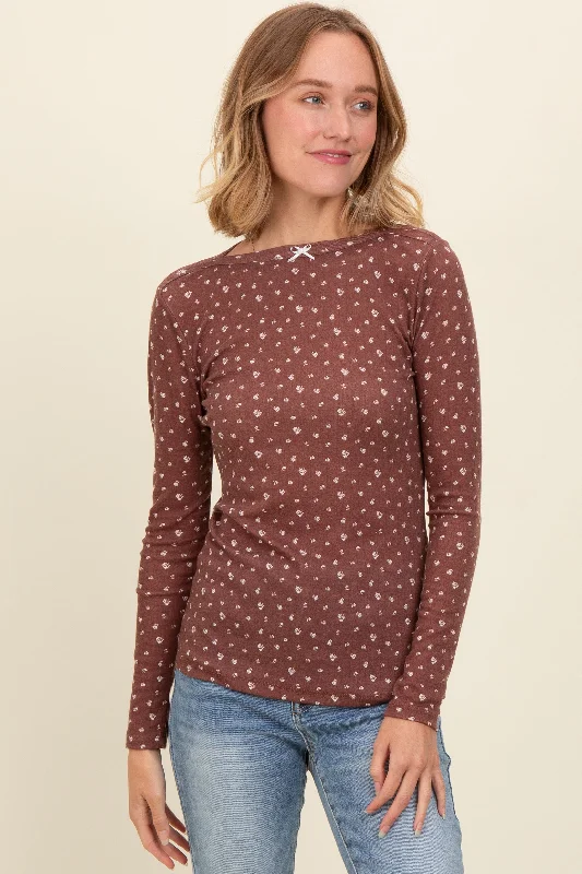 Brown Floral Bow Detail Long Sleeve Fitted Top