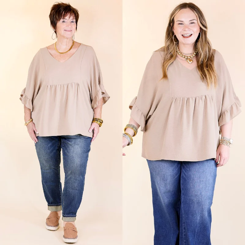 Chic Cascades Tiered V Neck Top with Ruffle Sleeves in Taupe