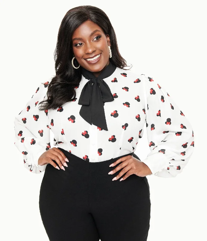 Preorder- Disney Mickey & Friends Collection by Unique Vintage Plus Size White Minnie Mouse Stamp Print Gwen Blouse