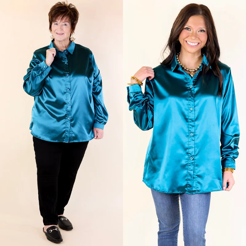 Down To Disco Satin Long Sleeve Button Up Top in Teal Blue