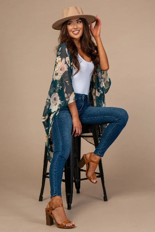 Forest Green Floral Sheer Cover Up