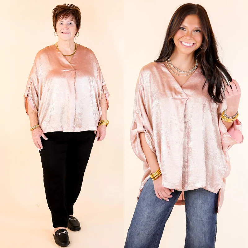 Gleam and Glow Metallic V Neck Top with 3/4 Sleeves in Rose Gold Pink