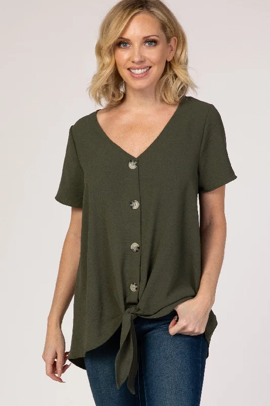 Light Olive Button Tie Front Top