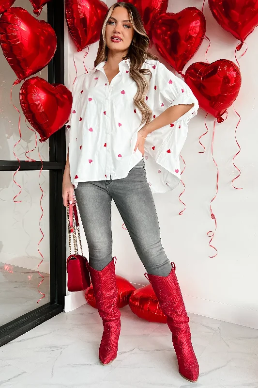 Lovestruck Babe Heart Embroidered Oversized Button-Down (White)