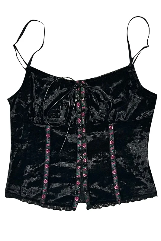 Ria Black Velvet Lace-Up Top