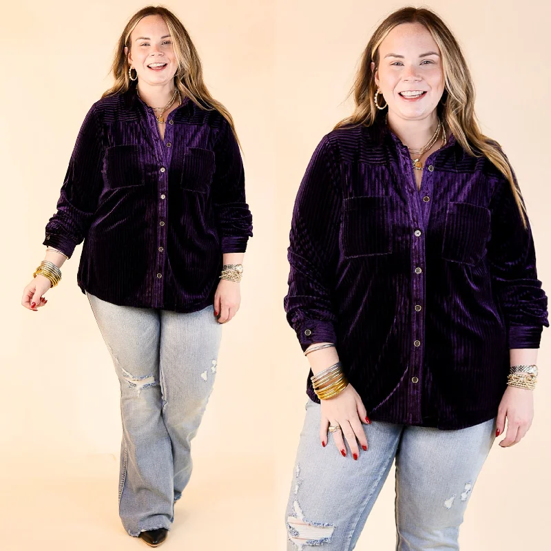 Velvet Feels Striped Velvet Button up Top in Eggplant Purple