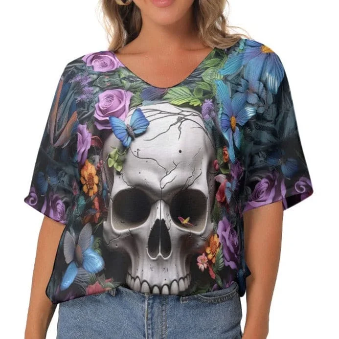 Women's 3D Skull Flowers & Butterflies Bat Sleeves V-Neck Blouse