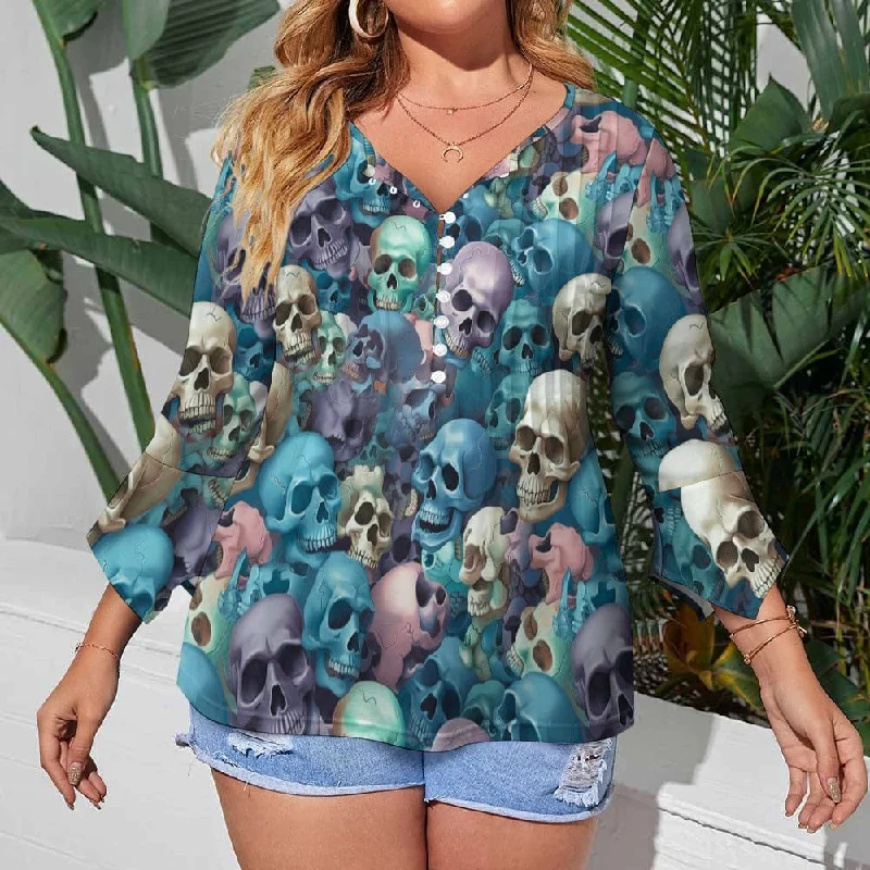 Women's Blue Pink Skulls Ruffled Petal Sleeve Blouse