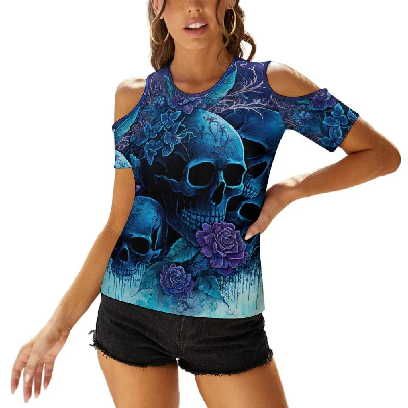 Women's Blue Skulls Floral Off Shoulder U-neck Blouse