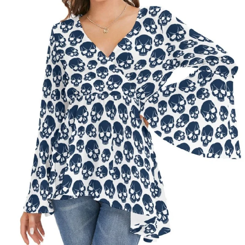 Women's Blue Skulls V-neck Blouse With Flared Sleeves