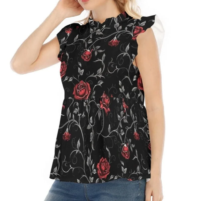 Women's Gothic Red Roses & Vines Blouse With Lotus Leaf Lace