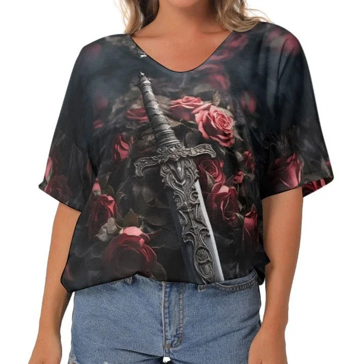 Women's Gothic Sword & Roses Bat Sleeves V-Neck Blouse