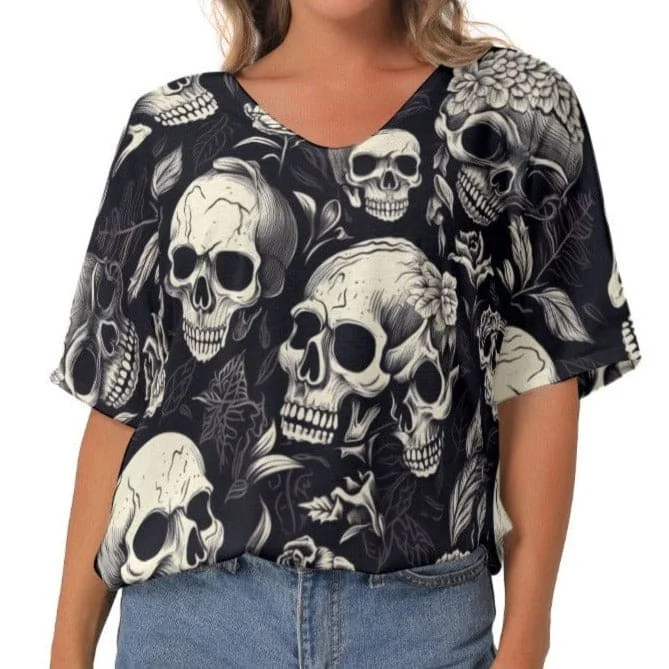 Women's Gray Skulls Bat Sleeves V-Neck Blouse