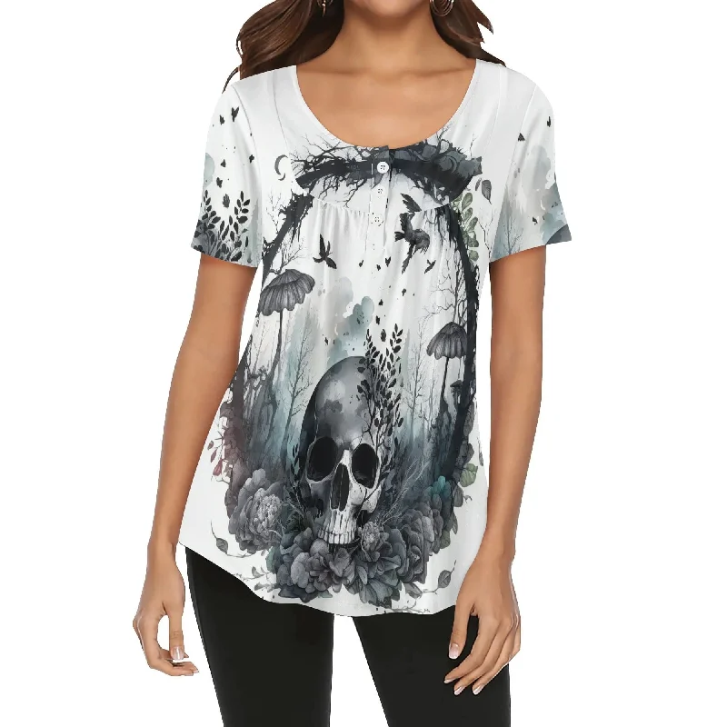 Womens Mystery Skull Floral Scoop Neck Short Sleeve Loose Blouse