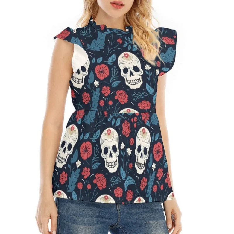 Women's Red Roses Skulls Blouse With Lotus Leaf Lace