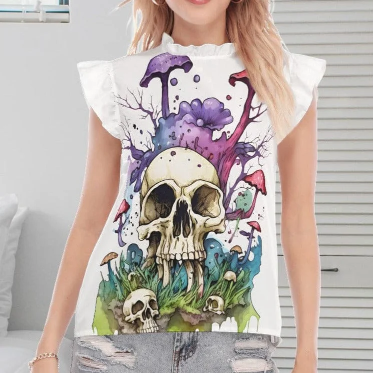 Women's Skull Mushrooms Blouse With Ruffle Collar And Sleeve