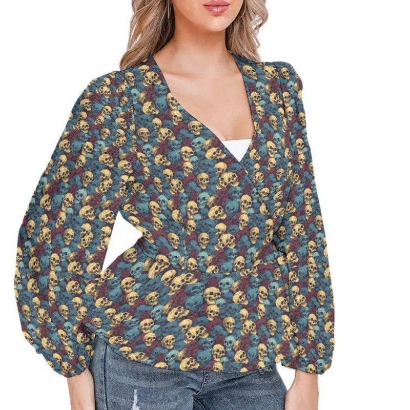 Women's Skulls Long Puff Sleeve Blouse