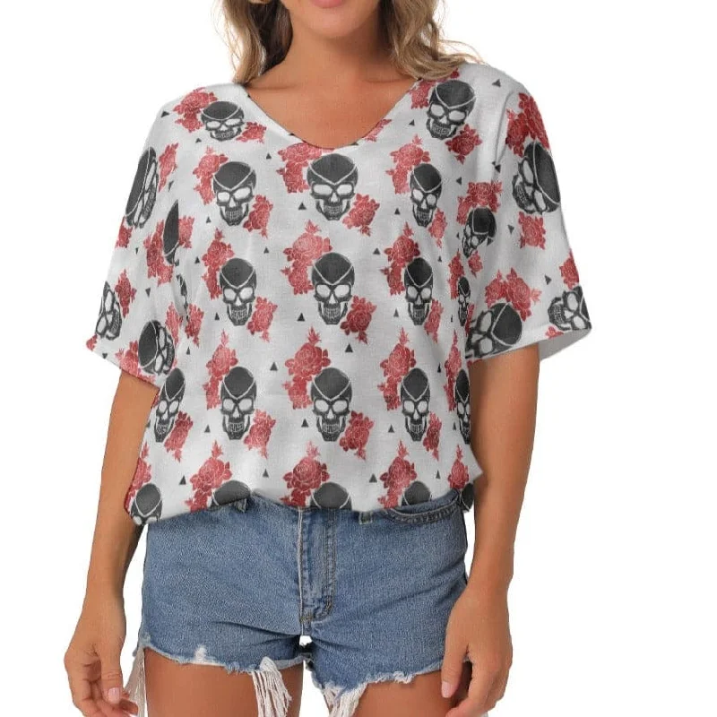 Women's Skulls With Red Flowers Bat Sleeves V-Neck Blouse